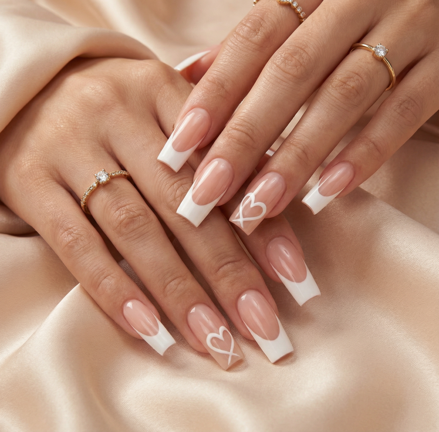 White French Heart Square Press-On Nails