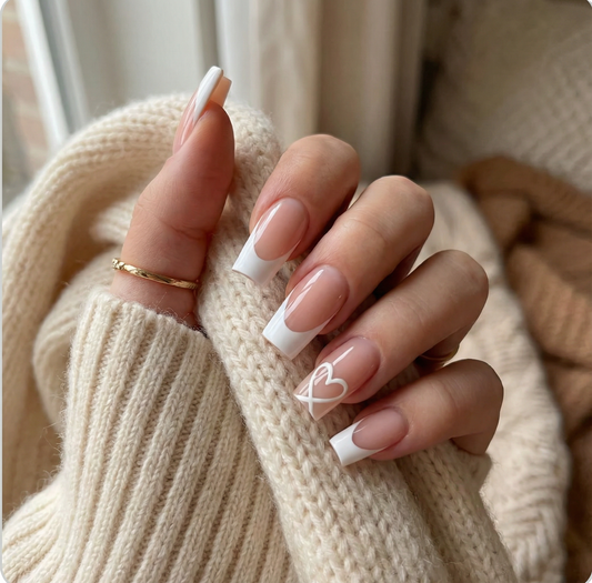 White French Heart Square Press-On Nails