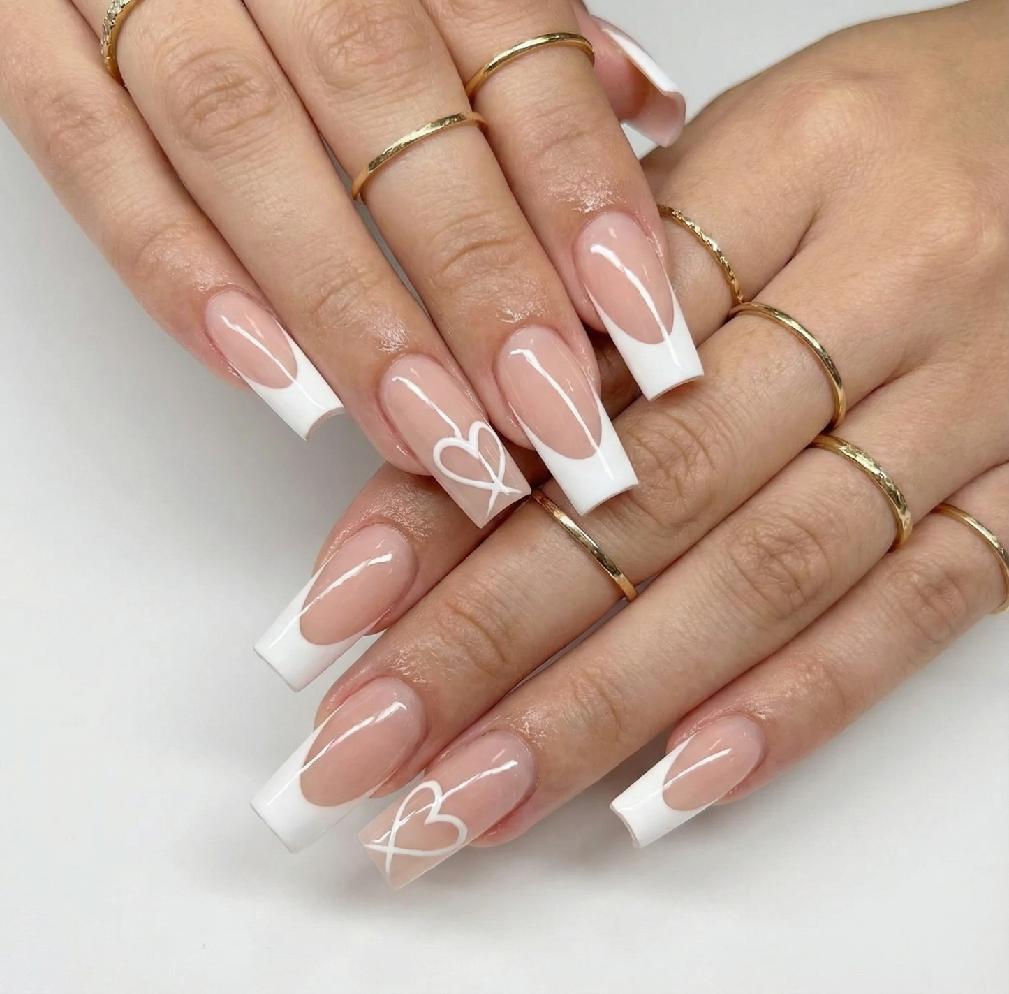 White French Heart Square Press-On Nails