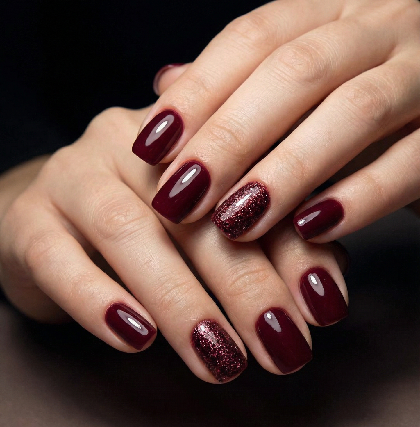 Wine Red Glitter Square Press-On Nails