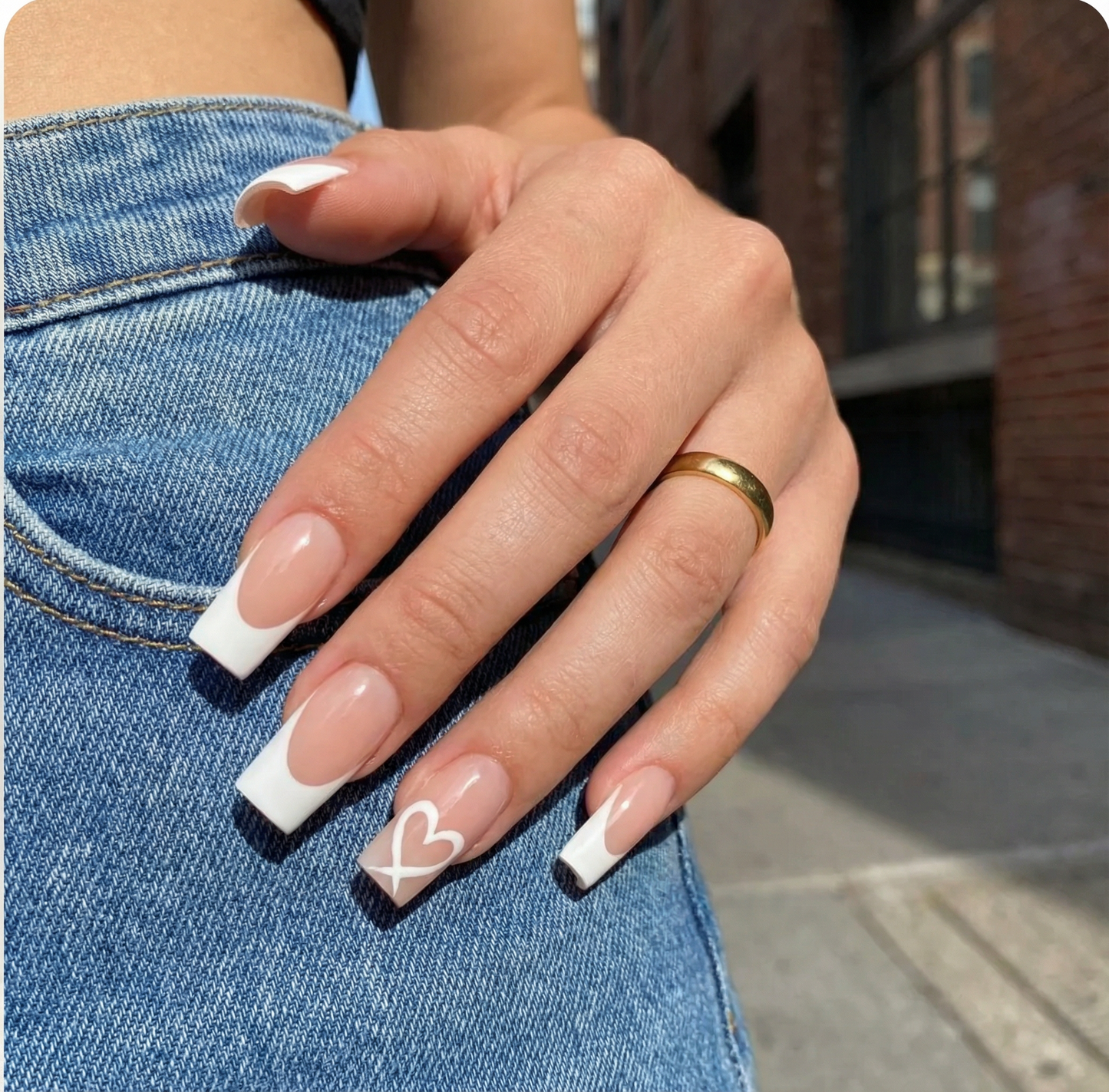 White French Heart Square Press-On Nails