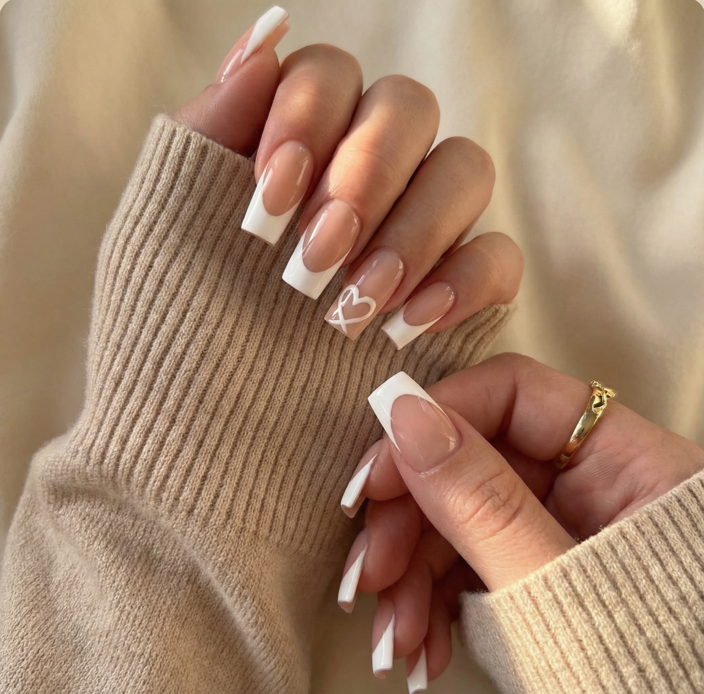 White French Heart Square Press-On Nails