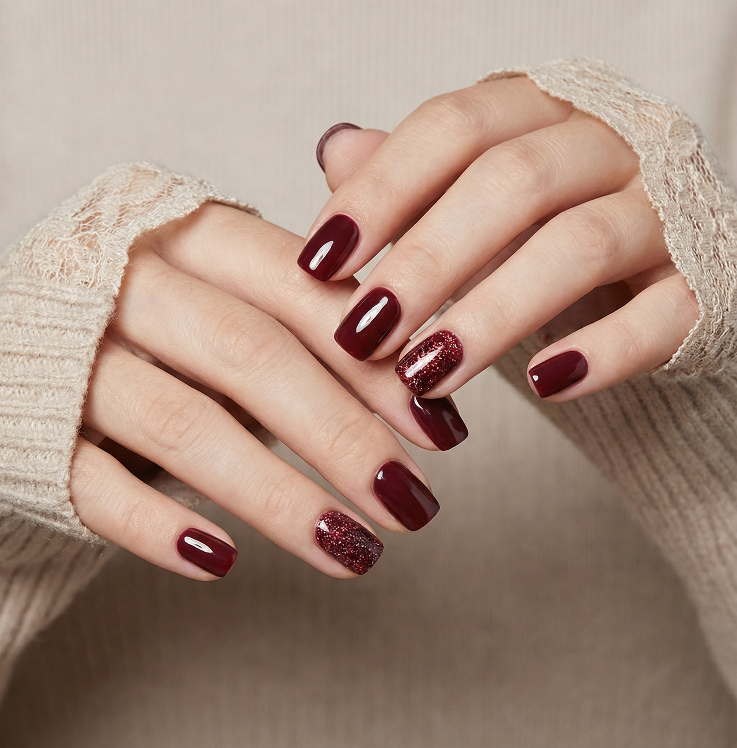 Wine Red Glitter Square Press-On Nails