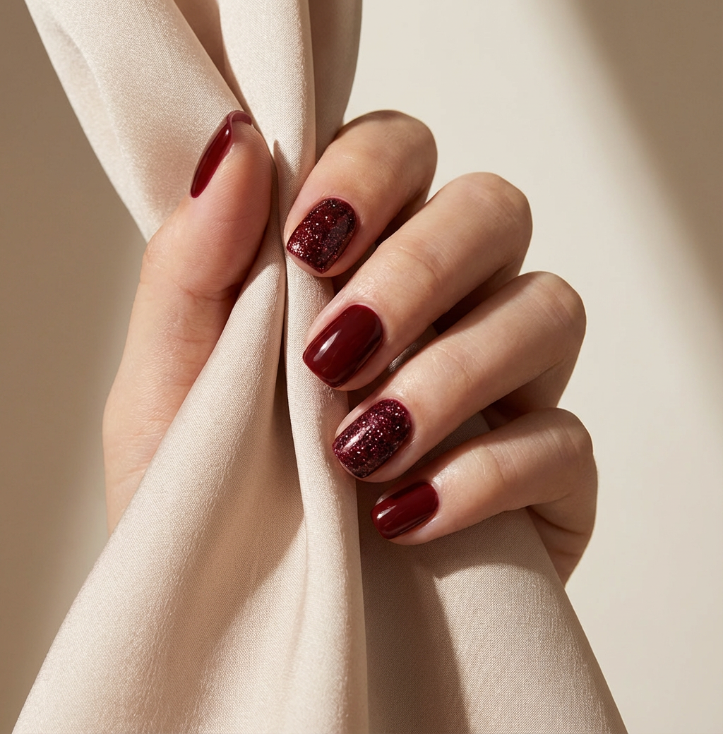 Wine Red Glitter Square Press-On Nails