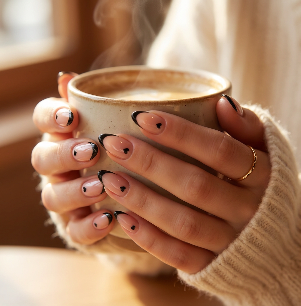 Black Micro French Heart Press-On Nails