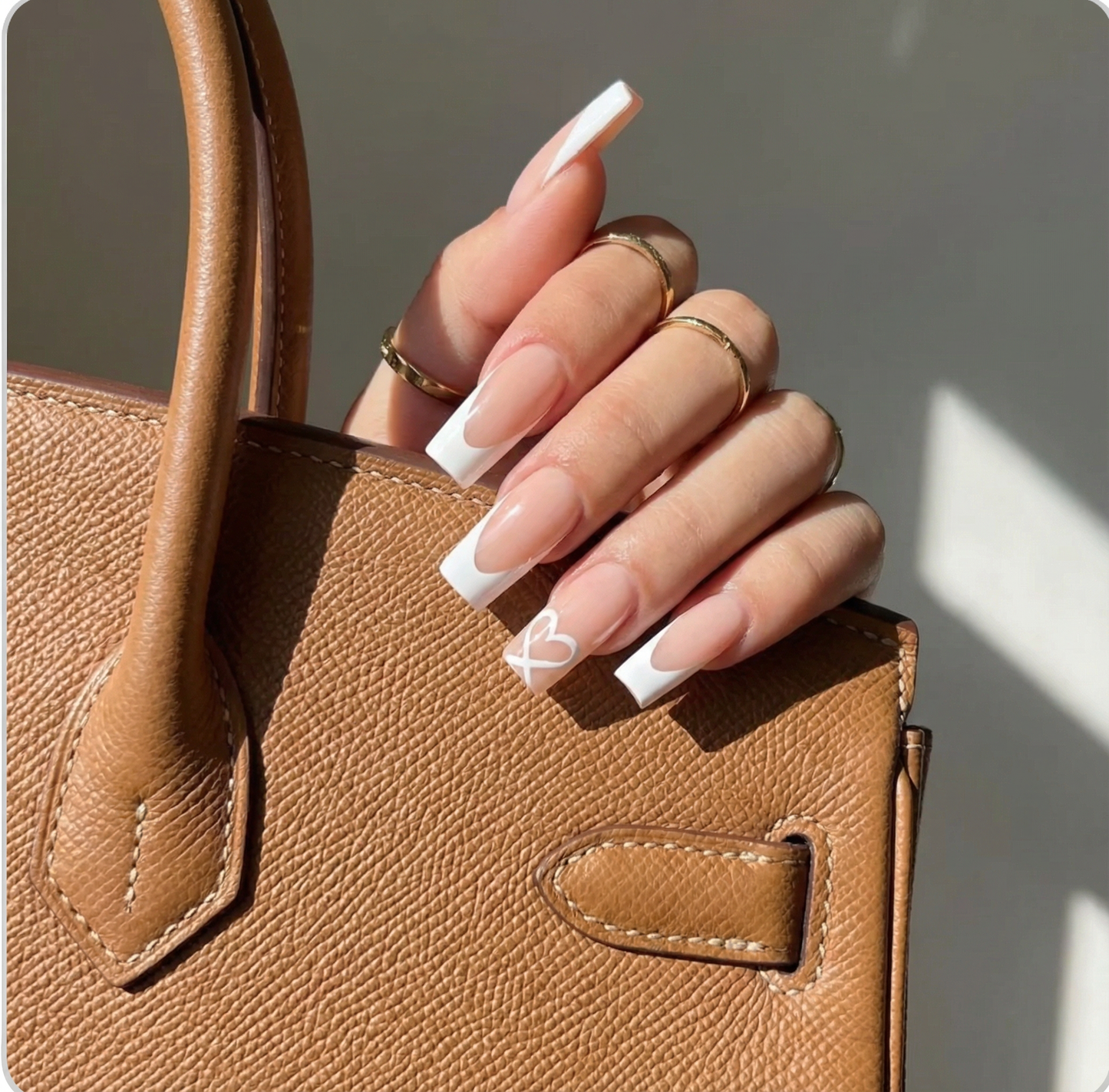 White French Heart Square Press-On Nails