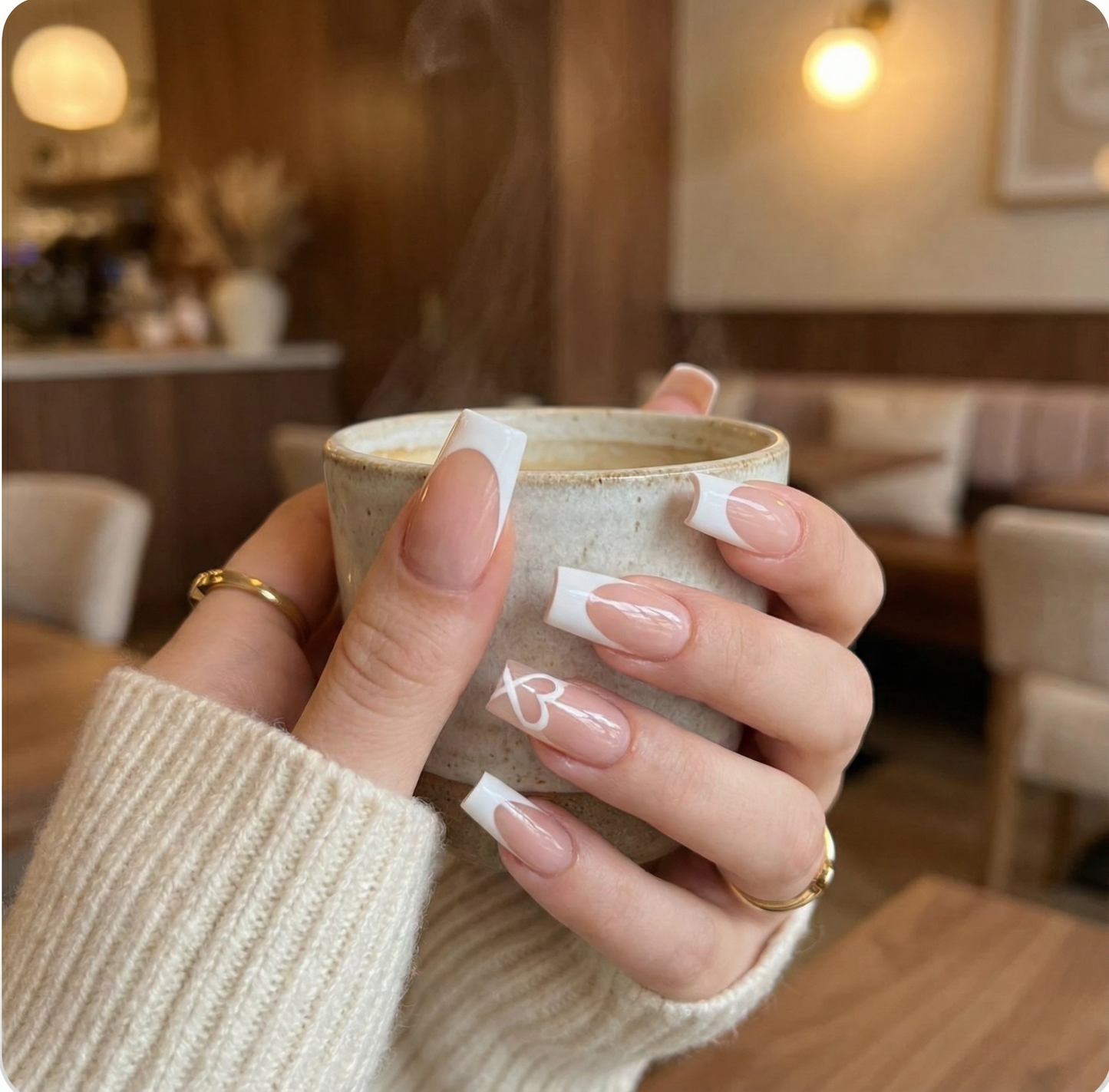 White French Heart Square Press-On Nails