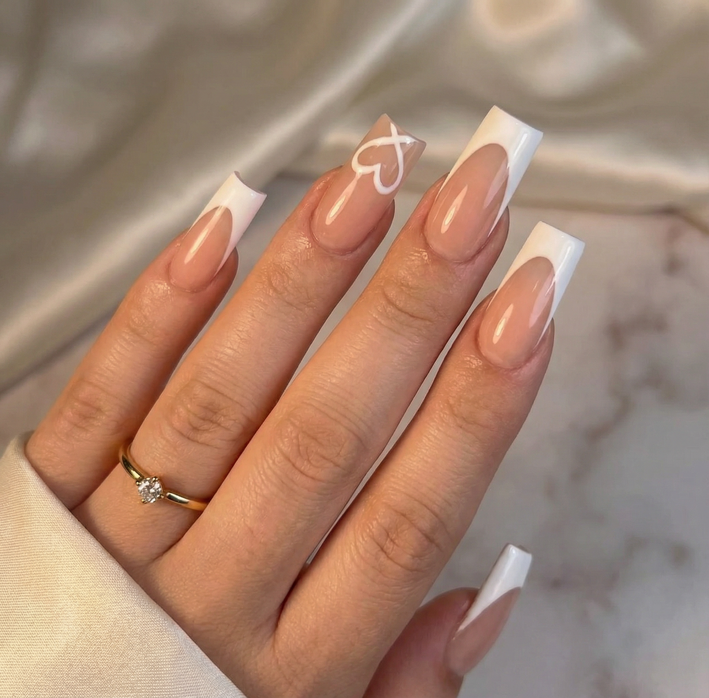 White French Heart Square Press-On Nails