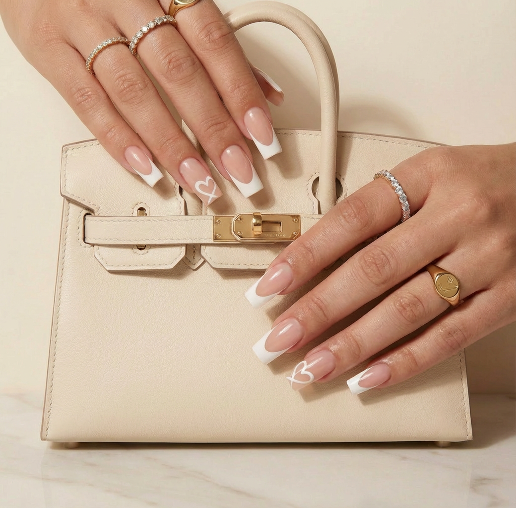 White French Heart Square Press-On Nails